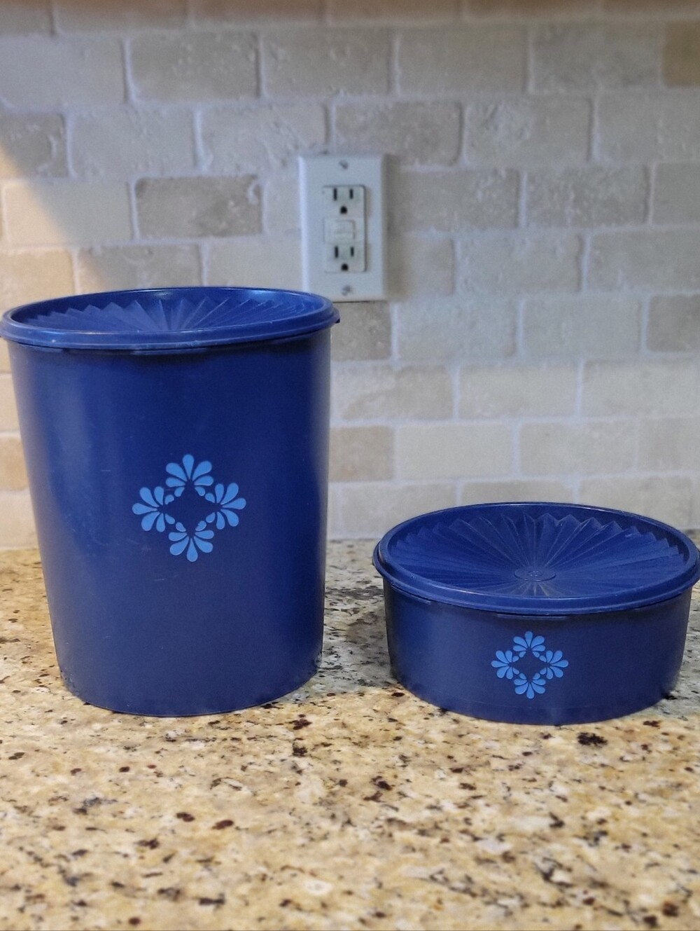 TUPPERWARE Vintage-Style Plastic Storage Canisters  Floral Motif BLUE Set of 2